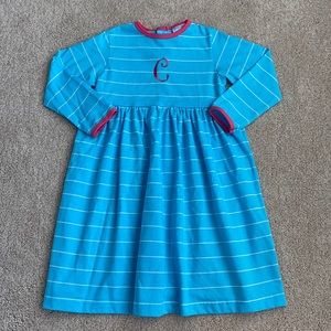 Girls' Blue Striped Long-Sleeve Dress with Pink Trim